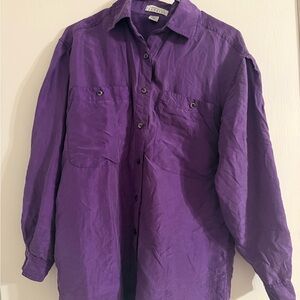 Vintage Express 100% Silk Button Up Shirt Purple Long Sleeve Blouse XS